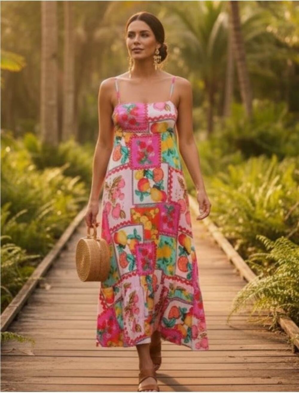 EUC Paper Heart Bow Tie Fruit Tropical Orange Pink Italian Summer Maxi Dress L
